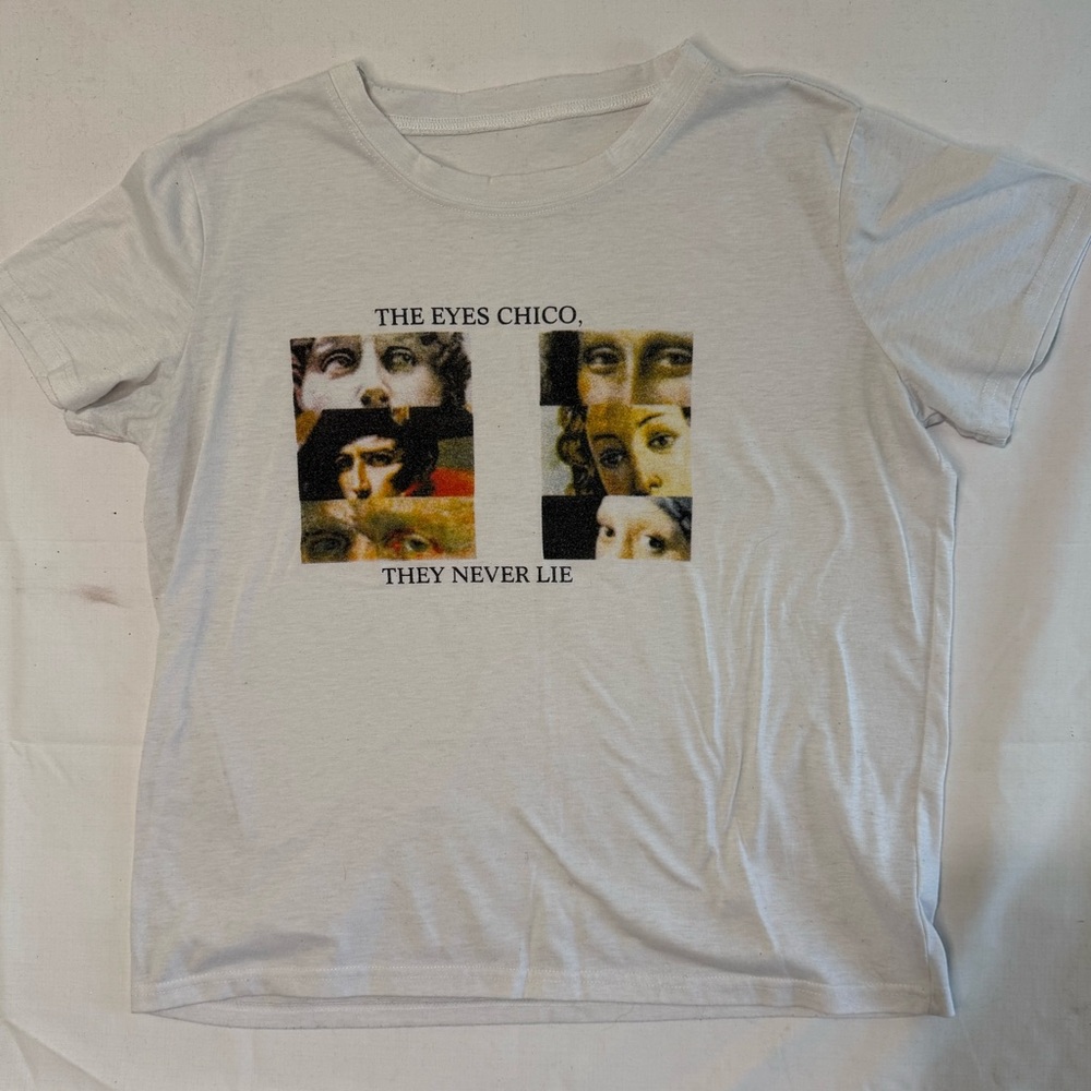 ‘The Eyes Chico They Never Lie’ Classical Art Tee Sz L Fitted PTP 22-24
